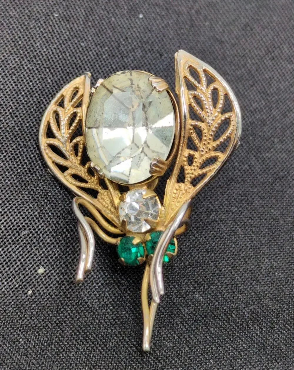 Vtg Gold Tone Filigree Insect Bug Brooch Clear Oval Rhinestone Green Eyes Pin